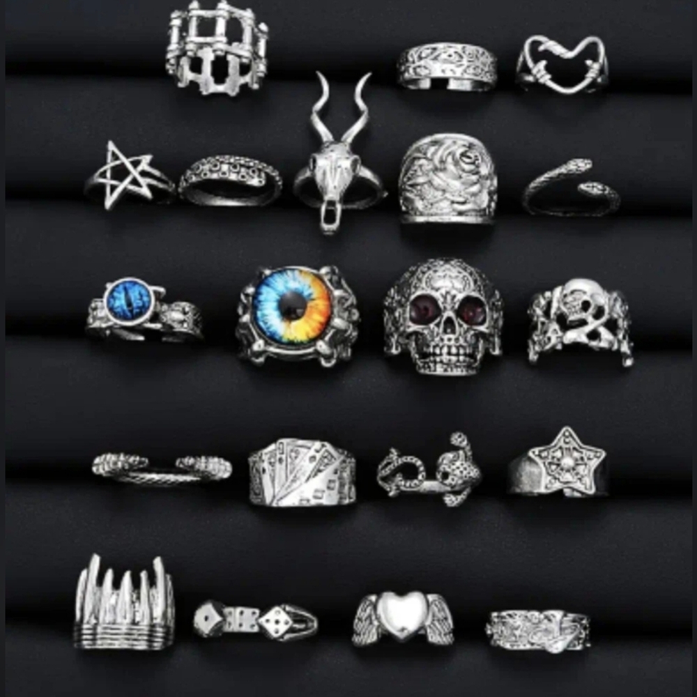 20 Pc Silver Rings Heavy Metal Silvery Punk Grunge Goth Rings Teen Gift - Picture 2 of 6